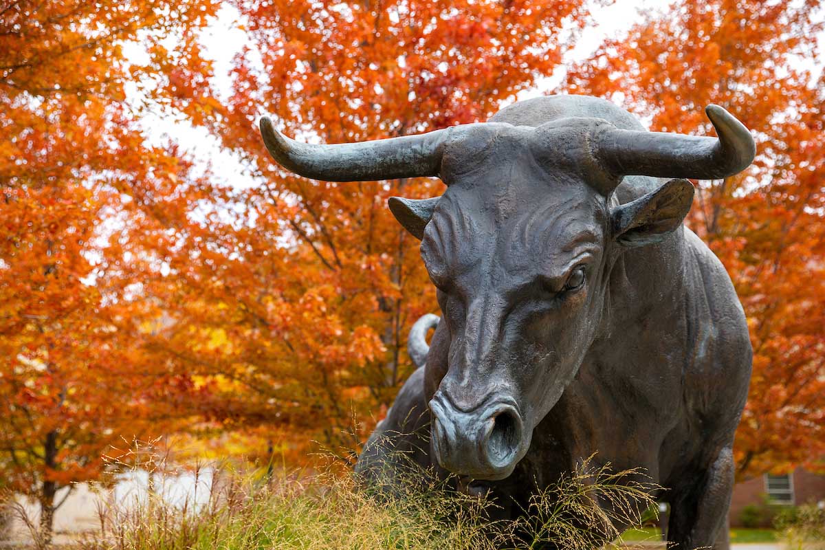 The Maverick Monument with fall leaves in the background