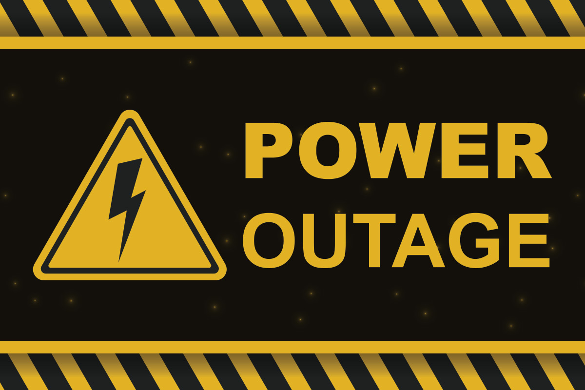 Graphic reading "Power Outage" with black and yellow pattern.