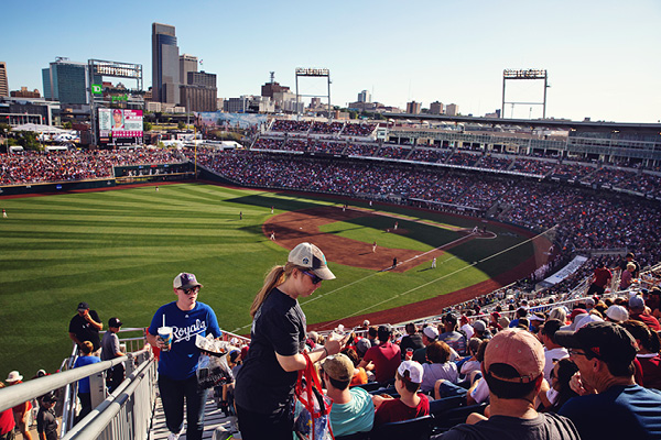 Fans watch a College World Series baseball game at Charles Schwab Field.