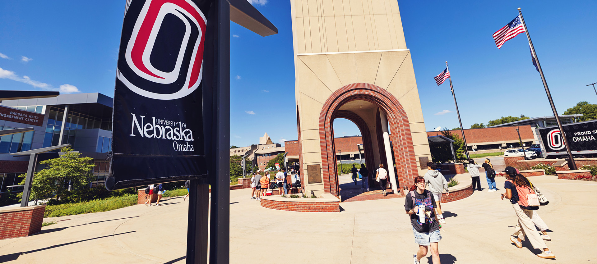 Aerial view of the UNO campus with the clock tower front and center.