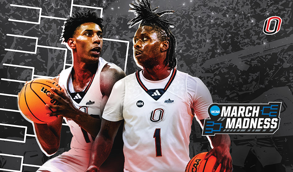 Two basketball players on a grey background