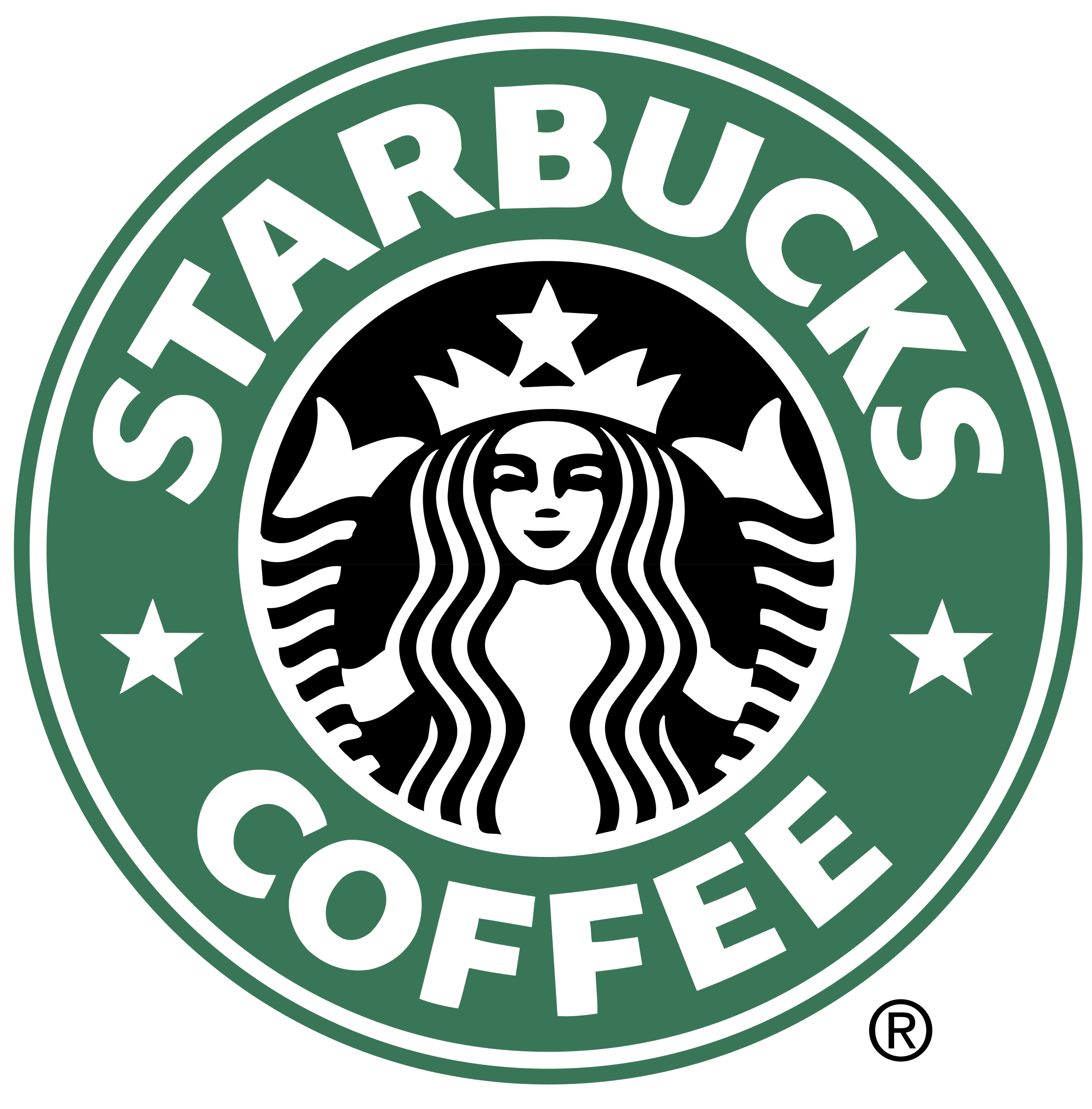 Starbucks logo featuring a mermaid with a crown surrounded by text that reads "STARBUCKS COFFEE."
