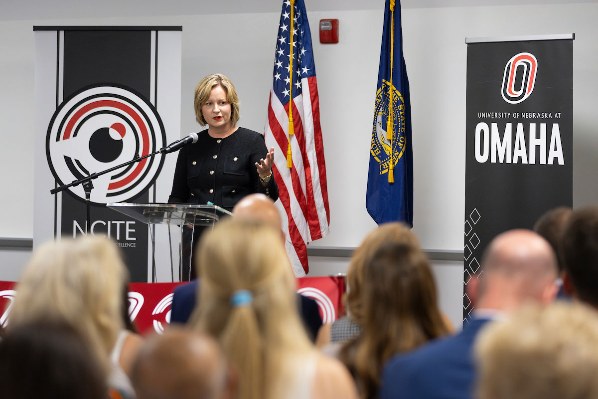 NCITE Director and UNO Expert, Gina Ligon, Ph.D., is seen speaking. Photo: Ryan Soderlin, Office of Strategic Marketing and Communications.