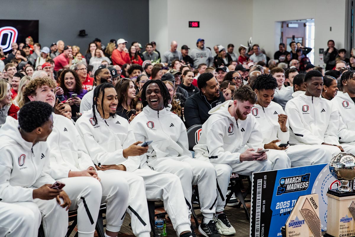 Omaha awaits their seeding announcement during the Selection Sunday show watch party event in UNO's Mammel Hall.