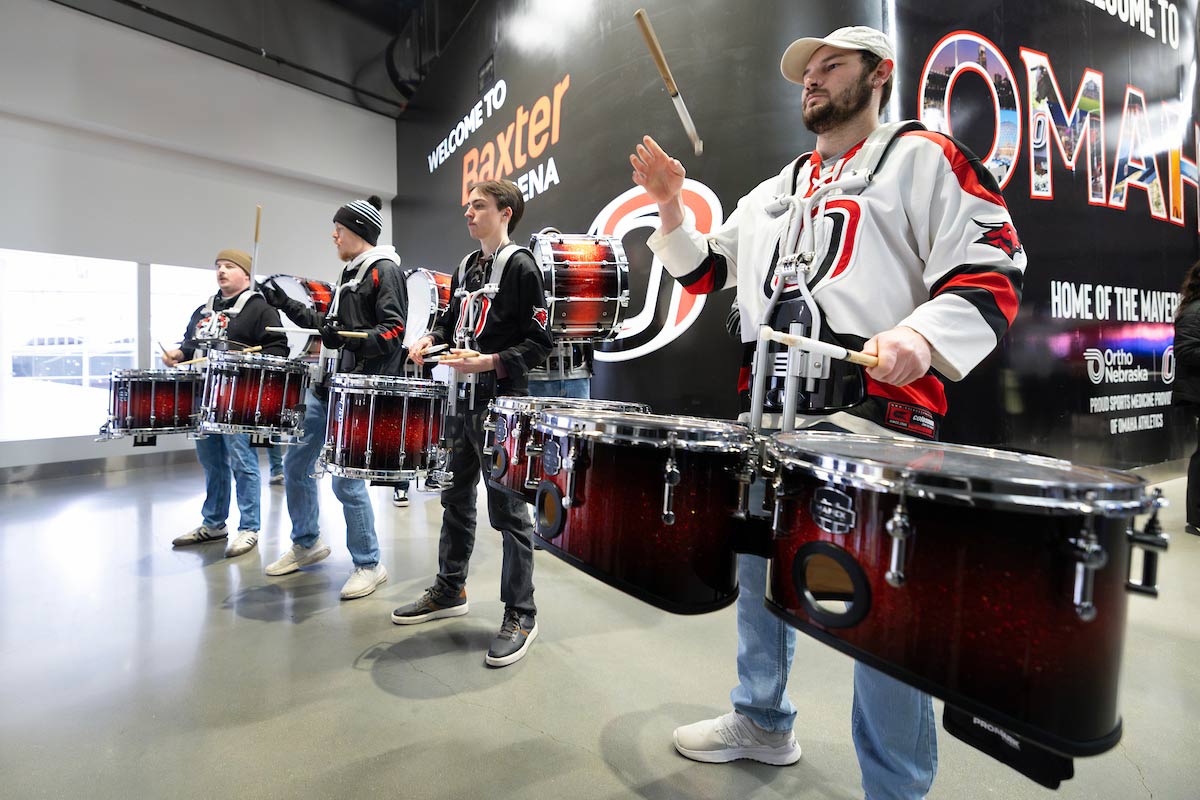 The Herd performs for a Omaha hockey game inside of Baxter Arena. Photo: Ryan Soderlin, Office of Strategic Marketing and Communications.