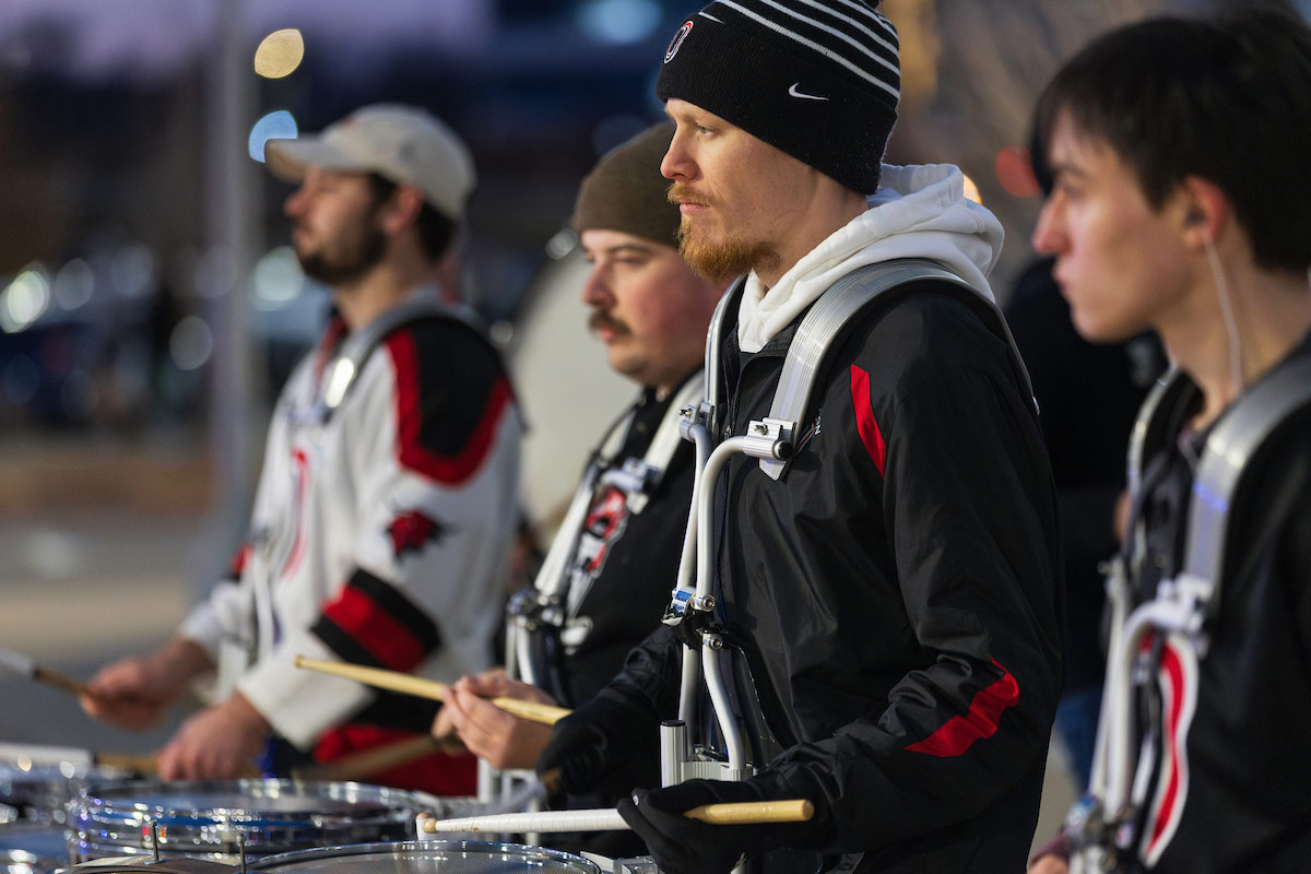 The Herd performs for fans in Aksarben Village.Photo: Ryan Soderlin, Office of Strategic Marketing and Communications.