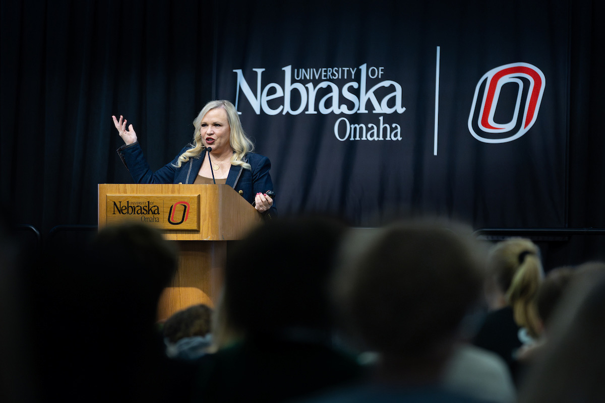 Holly Rowe gives a presentation in the MBSC ballroom.