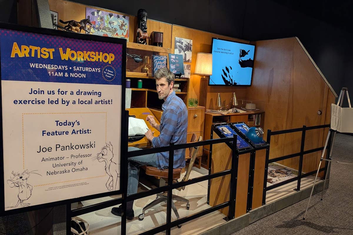 UNO Graphic Design Instructor Joe Pankowski hosts the first in a summerlong series of artist workshops for Durham Museum’s Animation Academy exhibition. Photo: Connie Schaffer, Ed.D., UNO Center for Faculty Excellence.