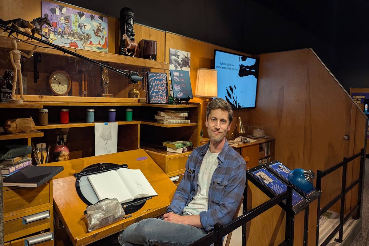 UNO Graphic Design Instructor Joe Pankowski hosts the first in a summerlong series of artist workshops for Durham Museum’s Animation Academy exhibition. Photo: Connie Schaffer, Ed.D., UNO Center for Faculty Excellence
