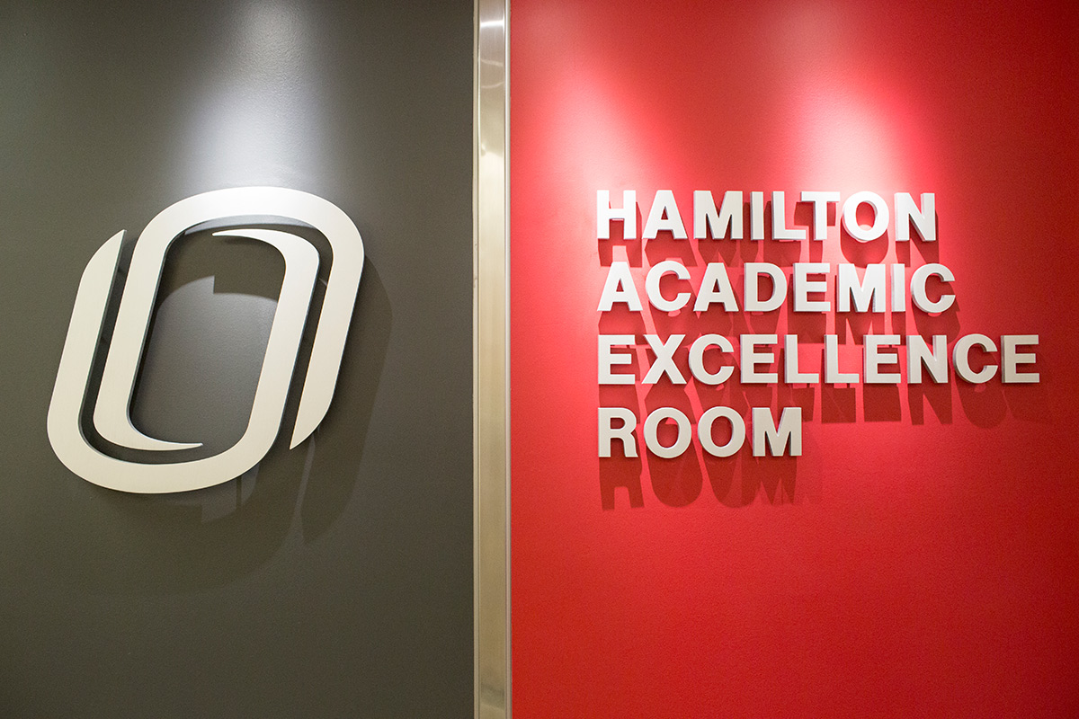 The entrance of the Hamilton Academic Excellence Room in Sapp Fieldhouse.
