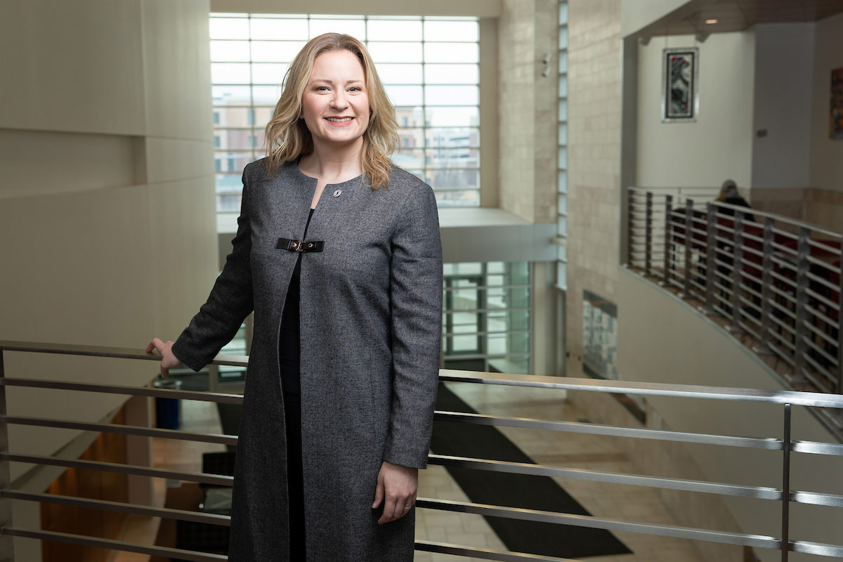 Gina Ligon poses for a picture at the University of Nebraska at Omaha's Mammel Hall.