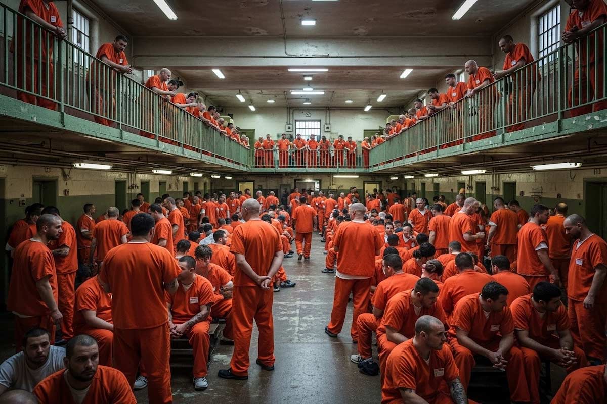 A realistic photograph of the inside of a US prison. The prison is very overcrowded with many prisoners in orange jumpsuits.