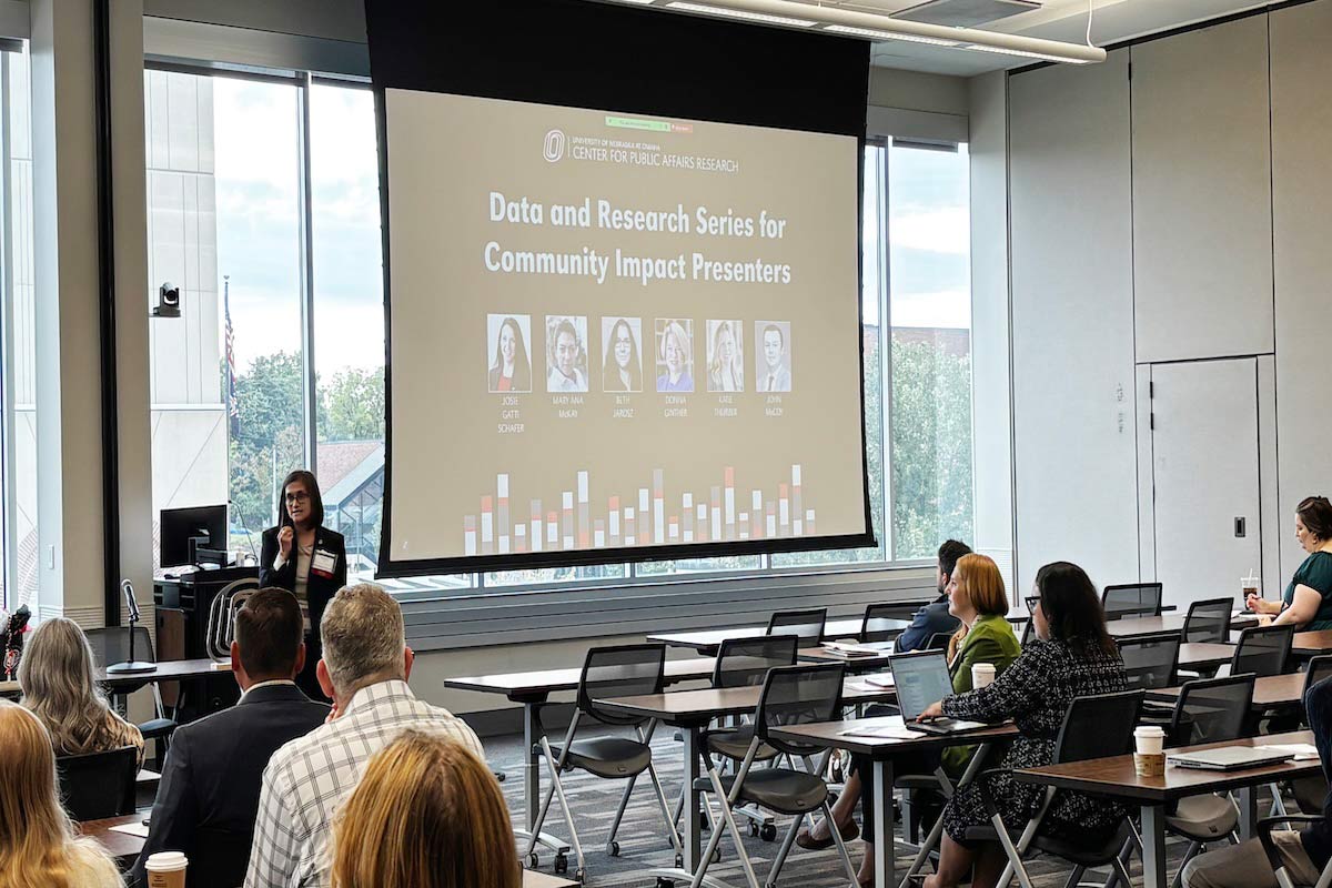 Panelists speak during the 36th Annual CPAR Data and Research Series at UNO, discussing labor market conditions and trends in Nebraska. Photo: Tara Grell, Center for Public Affairs Research.