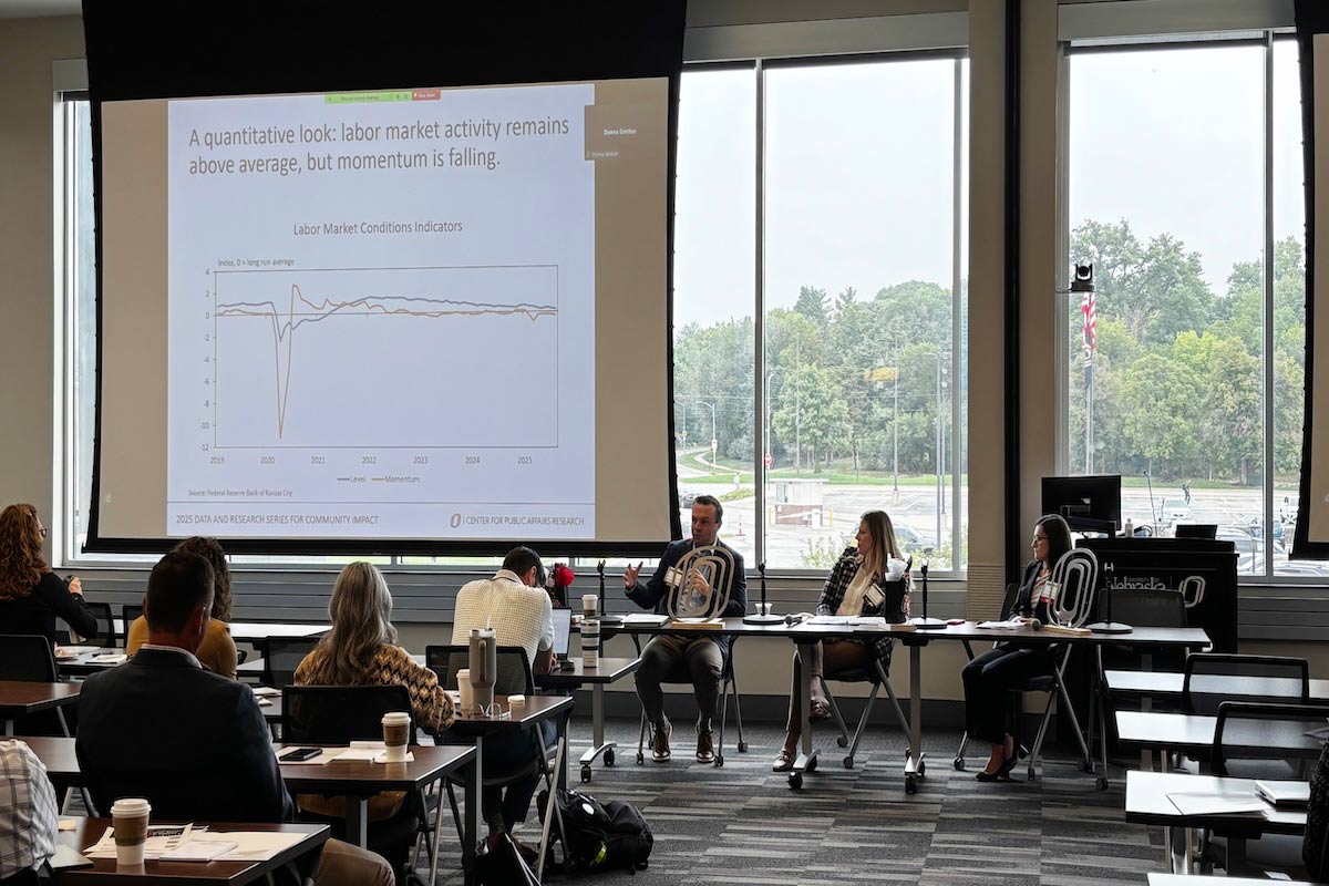 Panelists speak during the 36th Annual CPAR Data and Research Series at UNO, discussing labor market conditions and trends in Nebraska. Photo: Tara Grell, Center for Public Affairs Research.