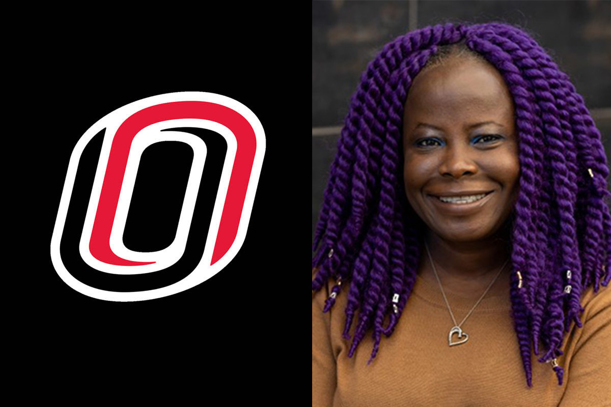 A composite of the UNO campus icon on the left and a headshot of Nellie S. Beyan Olabige on the right.