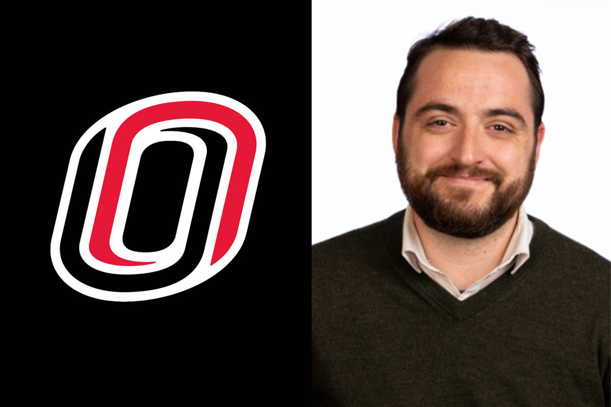 Composite image of UNO's Campus Icon on the left and a headshot portrait of Cole Stormberg on the right.