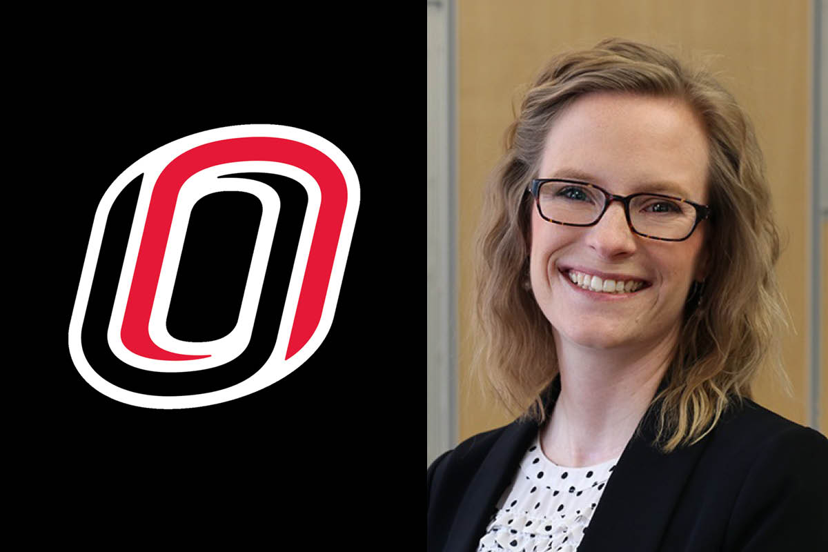 A composite image of the UNO Campus Icon on the left and a headshot of Hanna Wanzenried Solberg on the right.