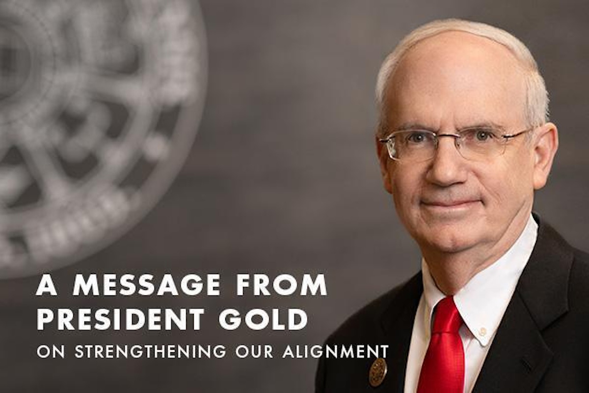 The NU system seal and a headshot of President Gold. The text reads "A Message from President Gold on Strengthening Our Alignment."
