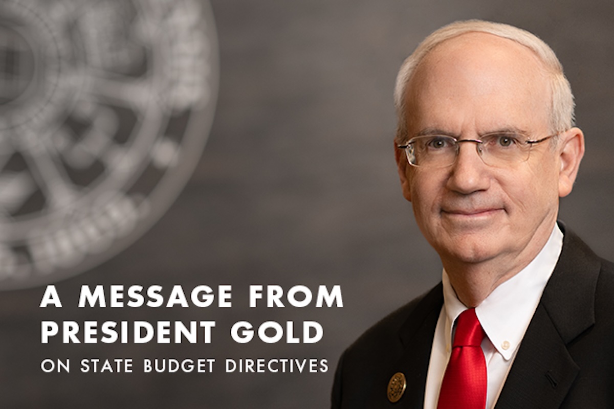 The NU system seal and a headshot of President Gold. The text reads "A Message from President Gold on State Budget Directives."
