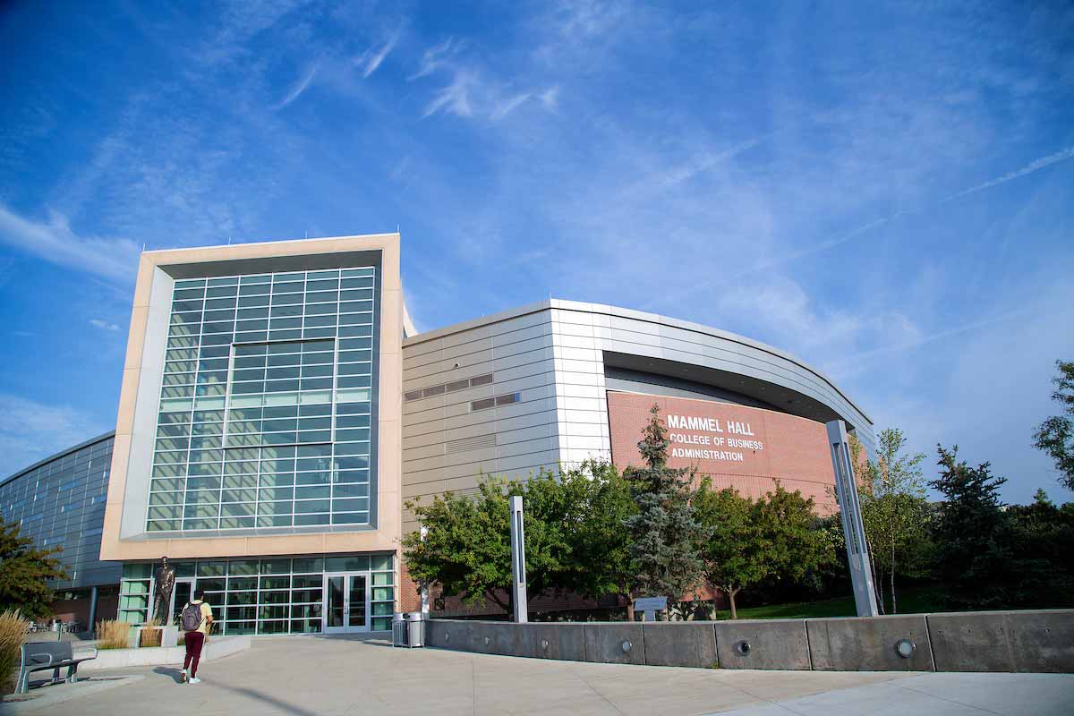 Exterior view of UNO’s Mammel Hall on a sunny day.  