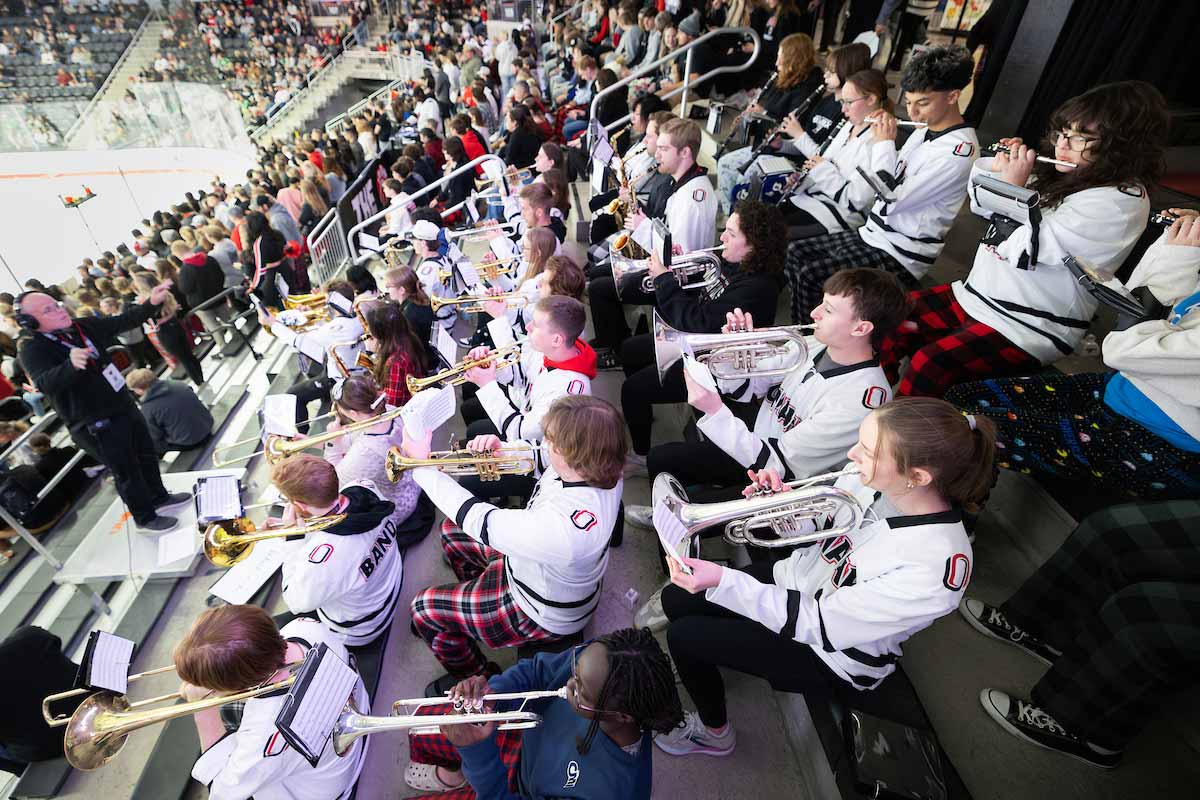 Sprit band performs while seated at a hockey game.  