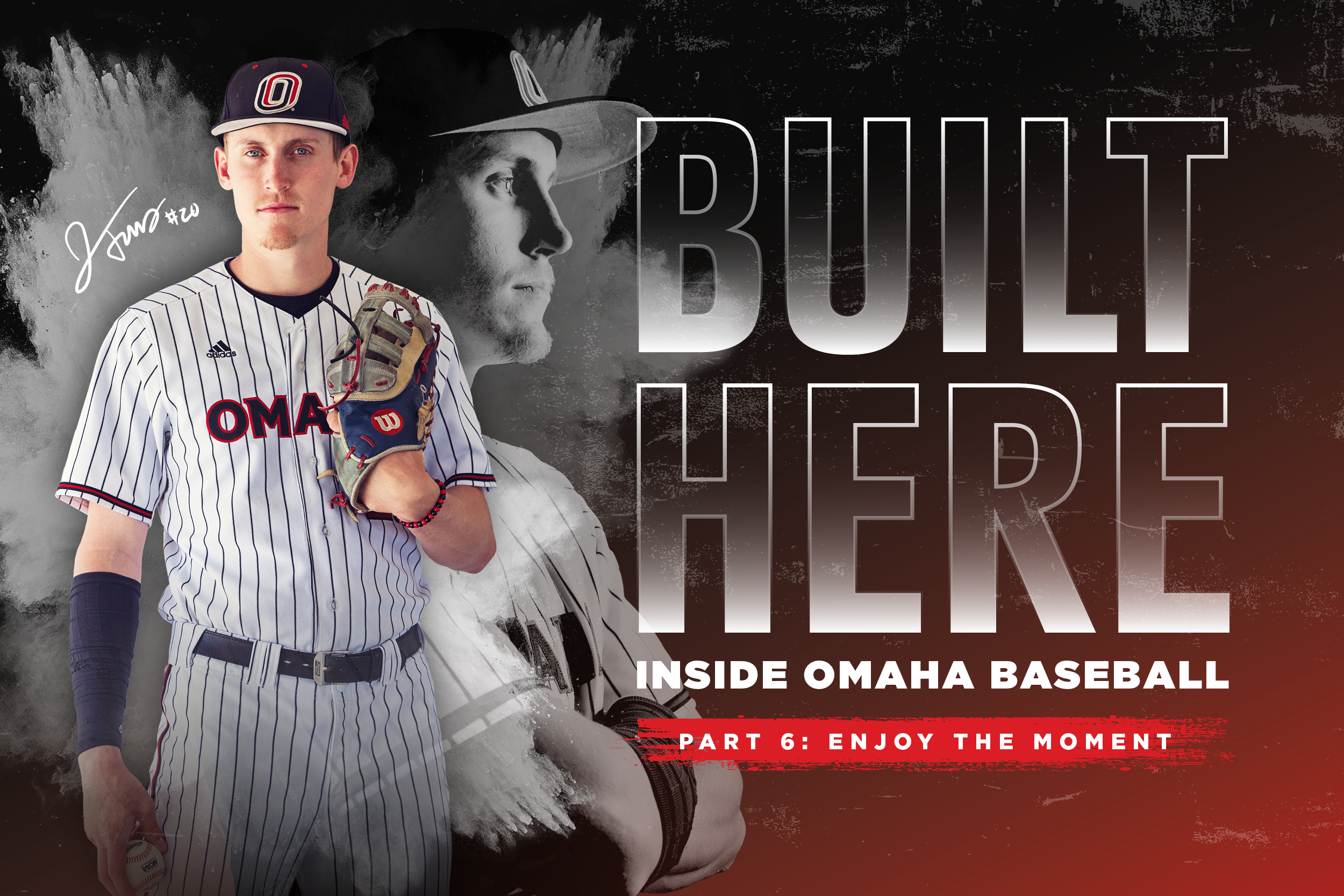 jackson trout in baseball uniform in front of a red background with the wording built here inside omaha baseball part 6: enjoy the moment