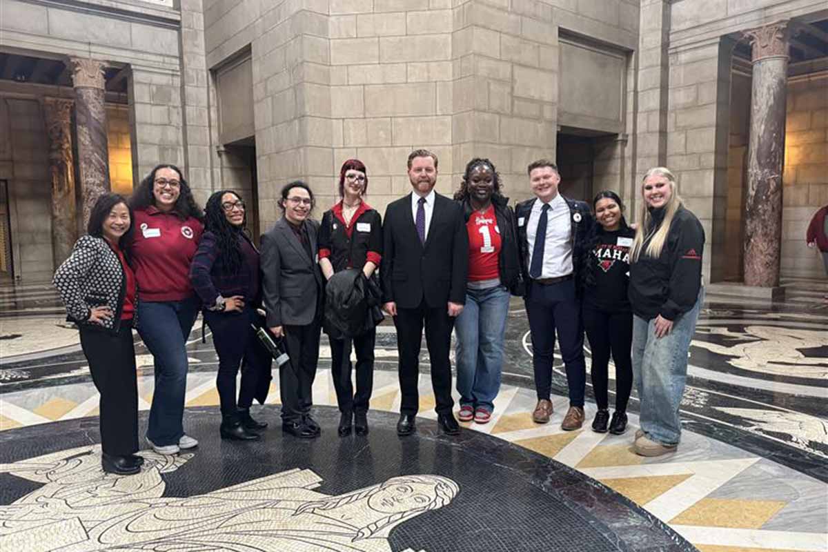 UNO’s I Love NU Day delegation in the Nebraska State Capitol rotunda.  