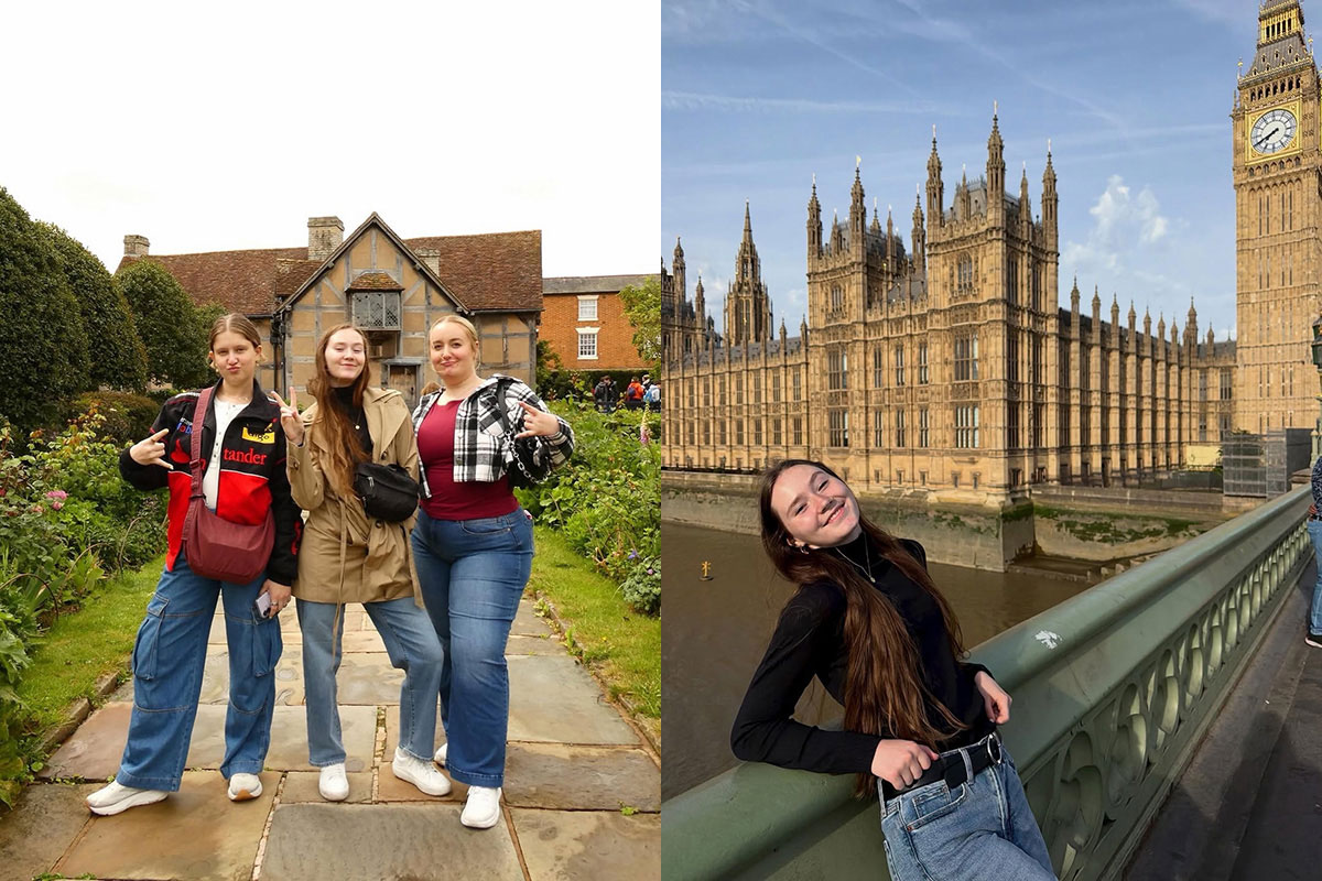 Camyrn and peers stand in front of an English cottage on the left and Camyrn standing in front of Big Ben and Westminster in London on the right 