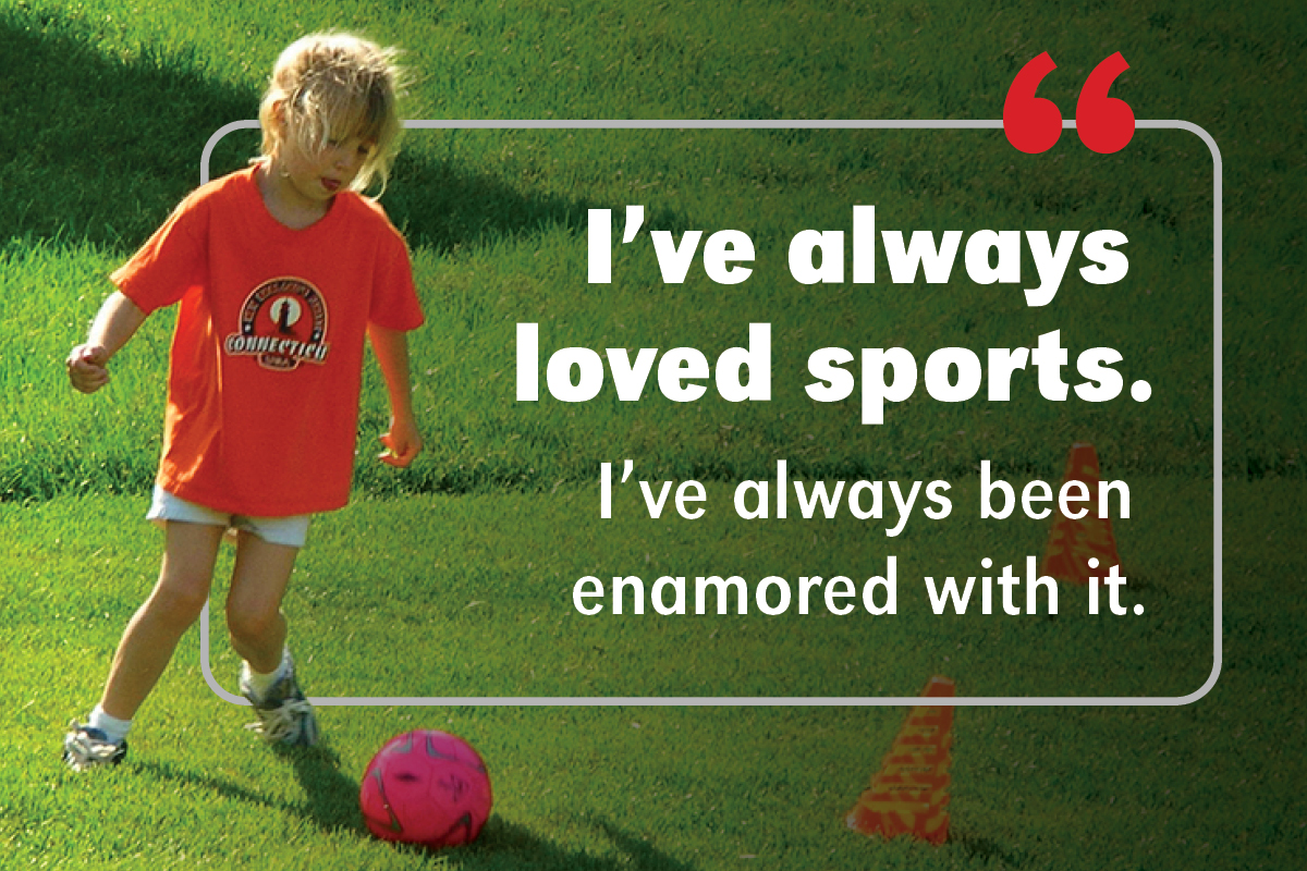 Avarie Howard playing soccer as a child with text that reads "I've always loved sports. I've always been enamored with it."