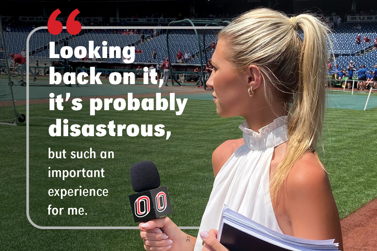 Avaried holding a UNO microphone on the field at the CWS. Text reads "Looking back on it, it's probably disastrous, but such an important experience for me."