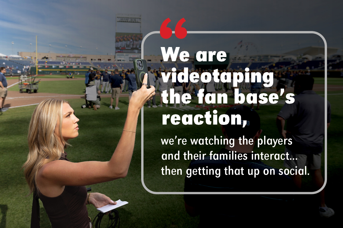 Avarie holding a cell phone and recording videos on the field at the CWS. Text reads"We are videotaping the fan base's reaction, we're watching the players and their families interact...then getting that up on social."