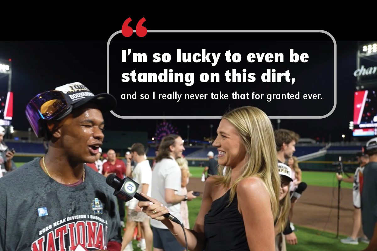 Avarie interviewing a CWS champion on the field. Text reads "I'm so lucky to even be standing on this dirt, and so I really never take that for granted ever."