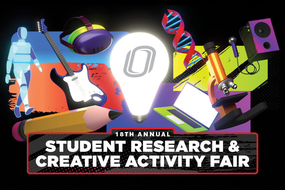 Graphic advertising the 18th Annual Student Research and Creative Activity Fair