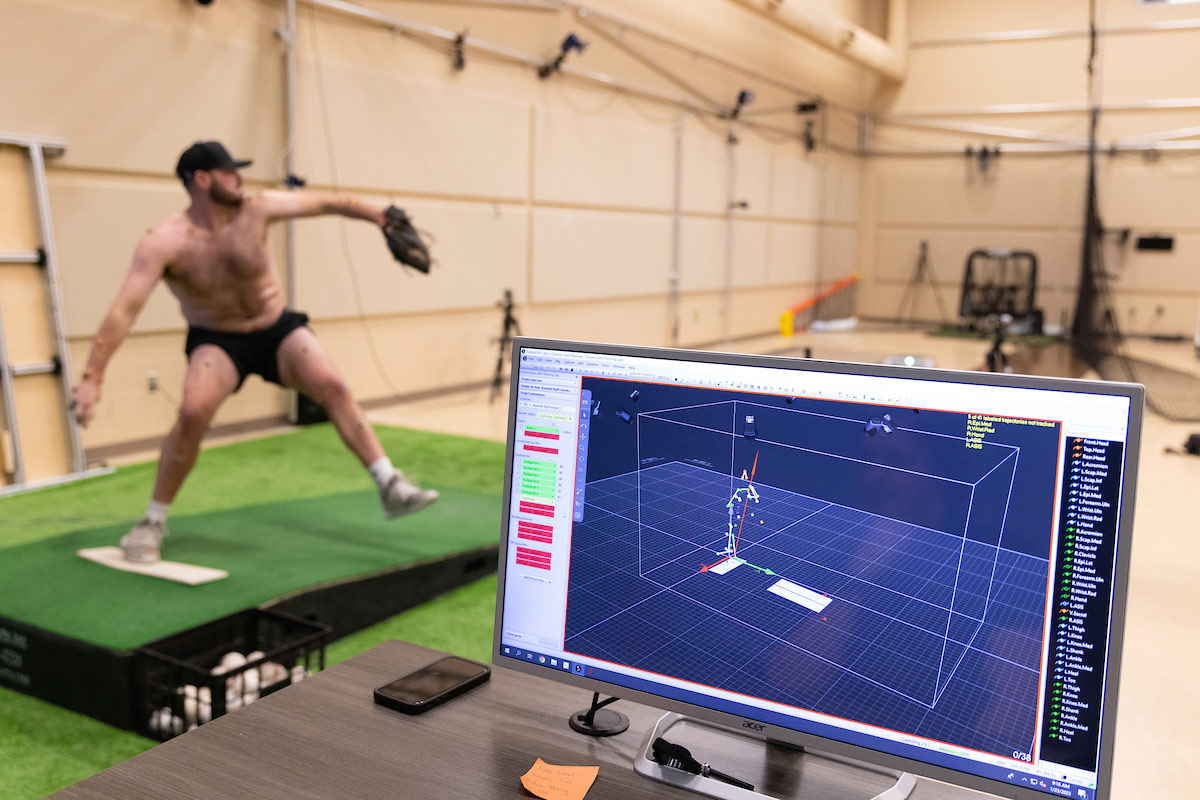 Omaha baseball player in the biomechanics research lab
