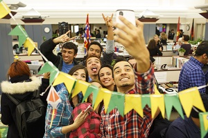 Seven students taking a selfie.