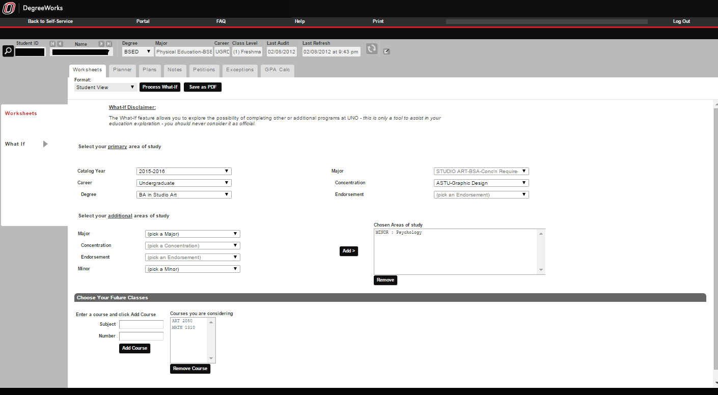 degree works audit what if selection screenshot