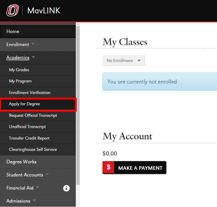 apply for degree link screenshot
