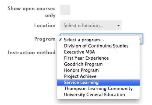 screen shot of service learning classes.