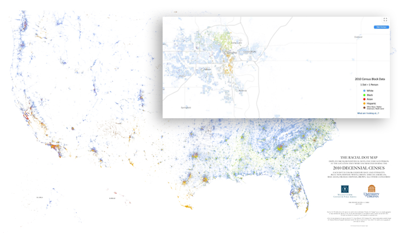 The racial dot map of Omaha based on the 2010 census indicates Black people predominantly living in North Omaha, Hispanic or Latinx people predominantly living in South Omaha, and white people predominantly living in West Omaha.
