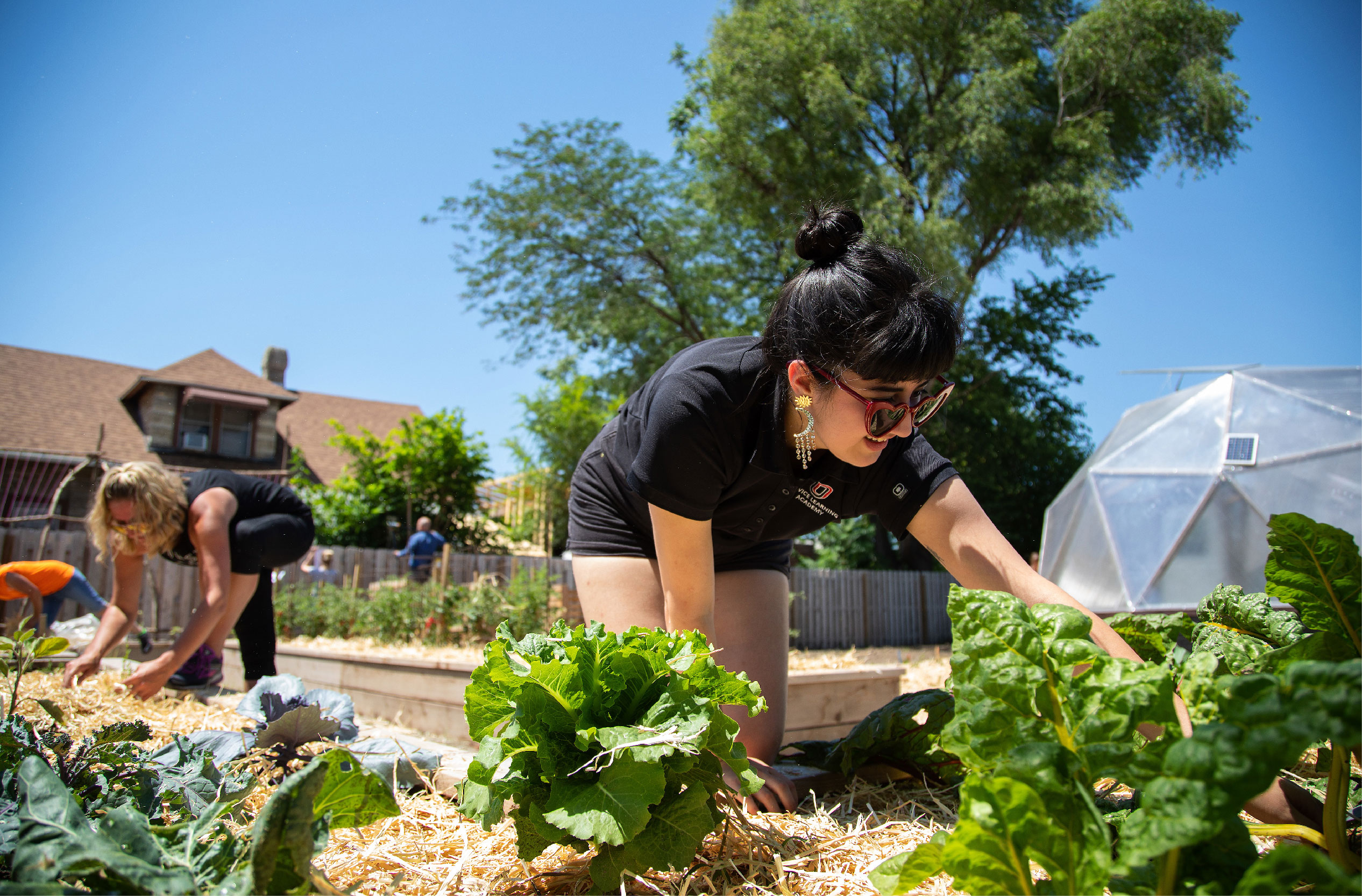 students with the service learning academy work to clean community garden beds.