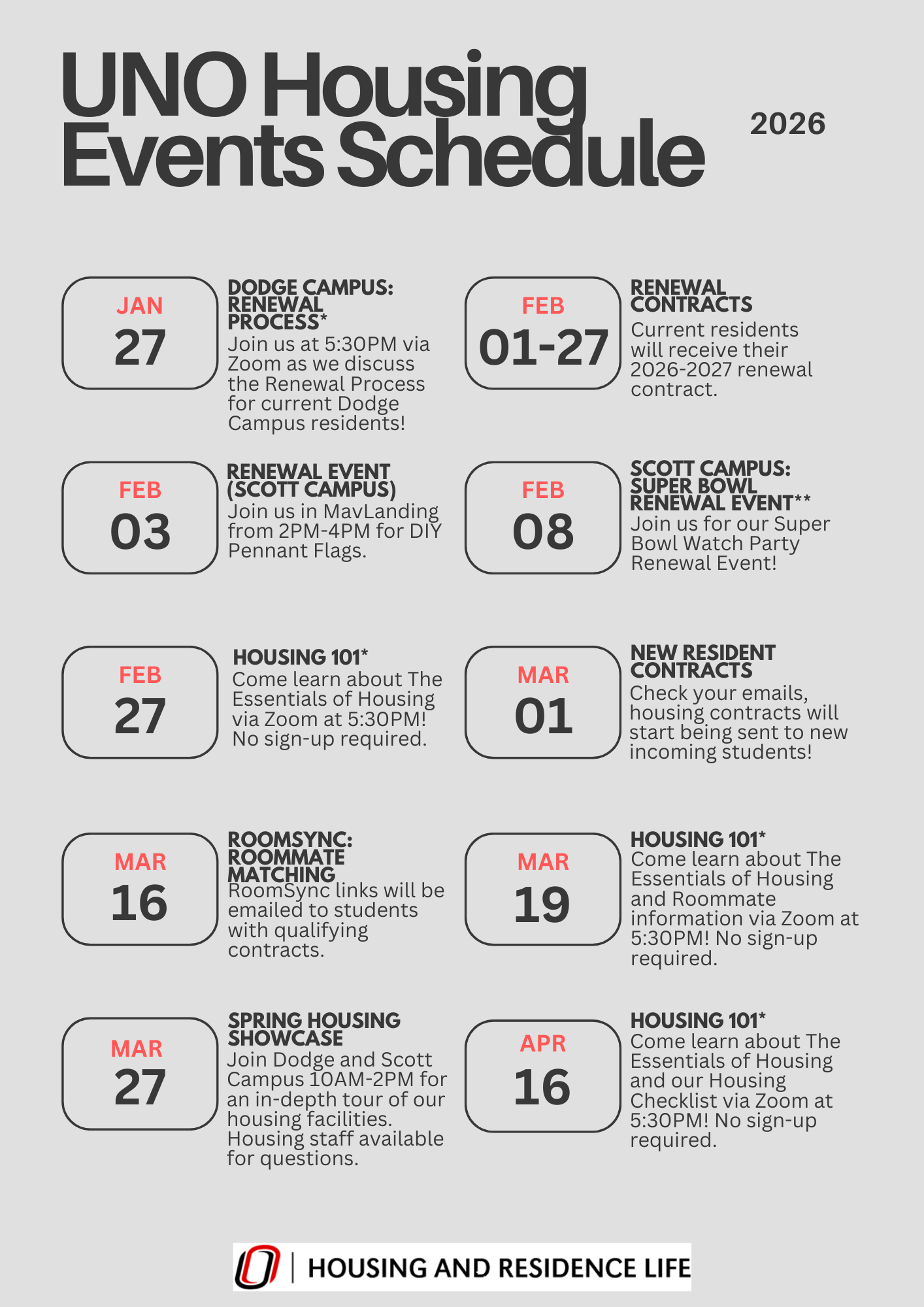 Housing & Residence Life Event Schedule for 2025-2026.