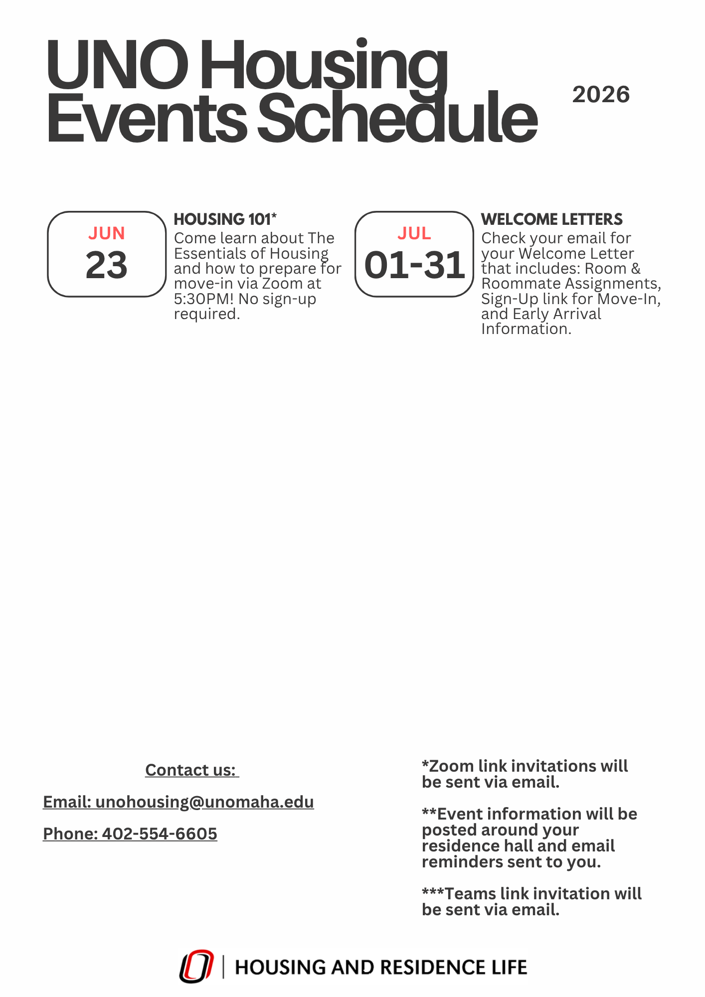 Housing & Residence Life Event Schedule for 2025-2026.
