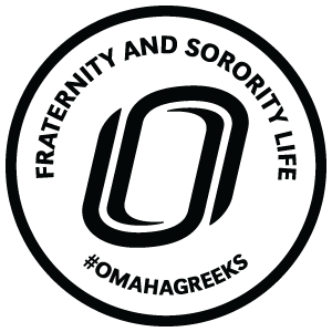 A circular graphic with the UNO campus icon that reads fraternity and sorority life #omahagreeks